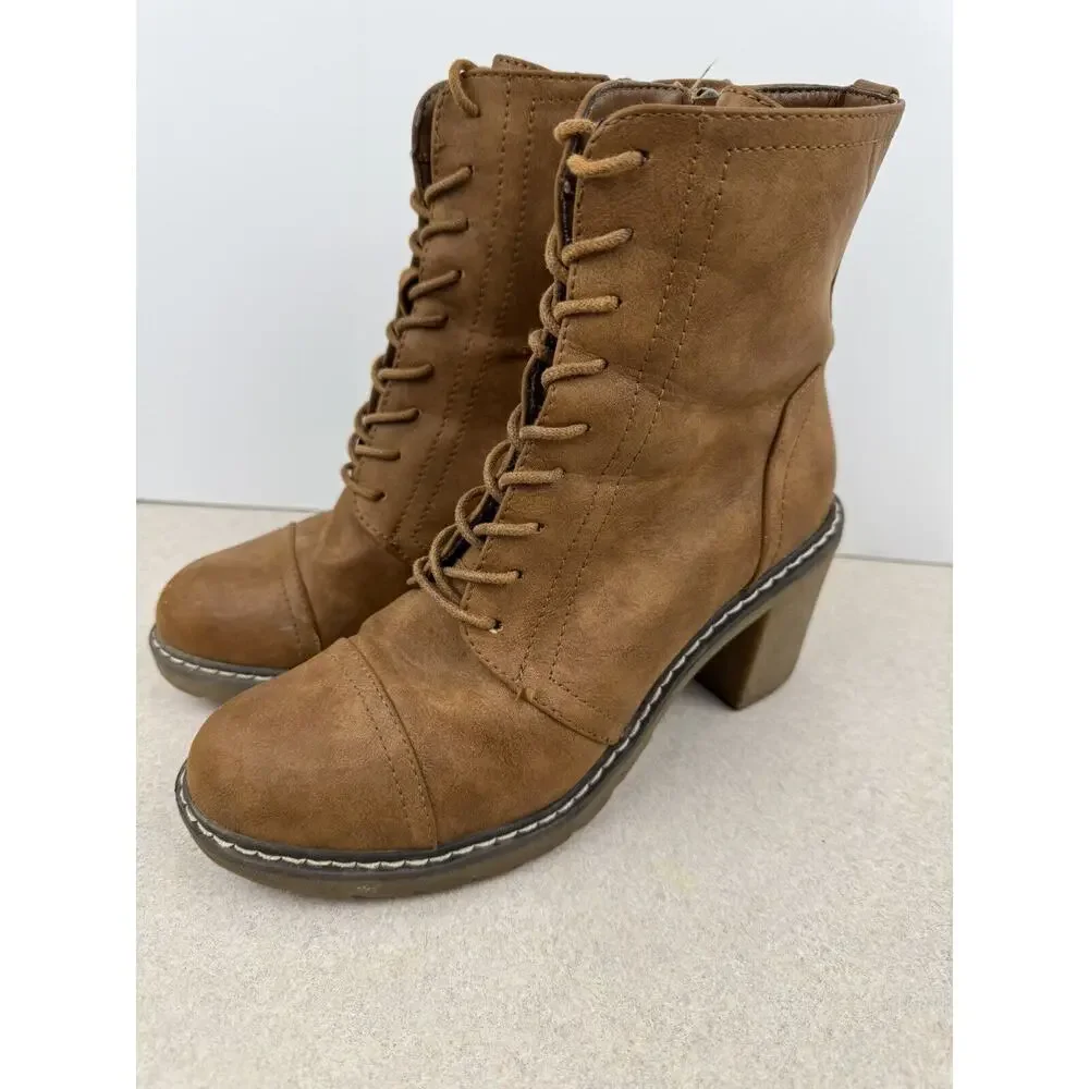 Womens Olivia Miller Brown Heel‎ Lace Up Zip Up Boots Size 8